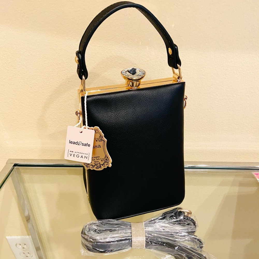Vegan Black Top-Handle Evening Bag with Crystal Clasp